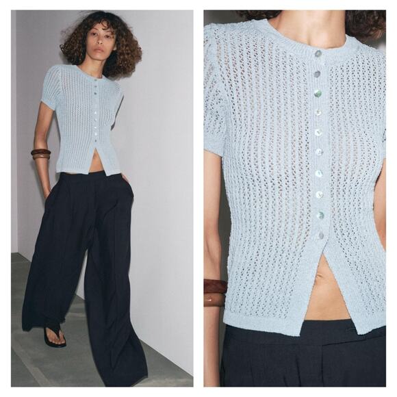 NWT ZARA Pointelle Knit Cardigan S Blue - Picture 1 of 7